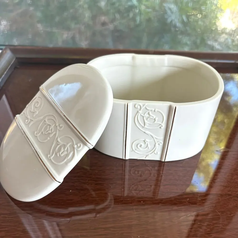 Vintage Croscill White Ceramic Trinket Box Oval with Gold Trim Scrolls